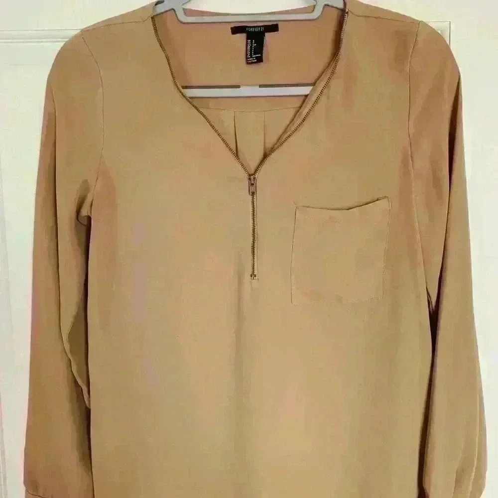 Forever 21 tan blouse with a zipper v-neck